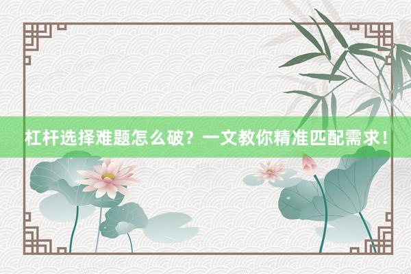 杠杆选择难题怎么破？一文教你精准匹配需求！